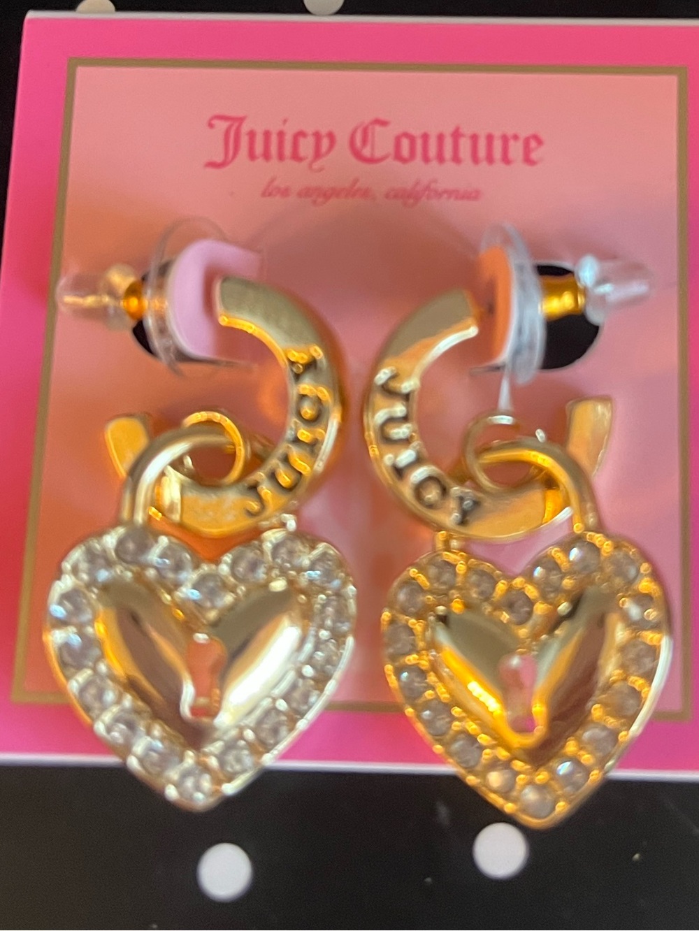 Juicy Couture Gold Heart Drop Earrings with Pink Card Accents